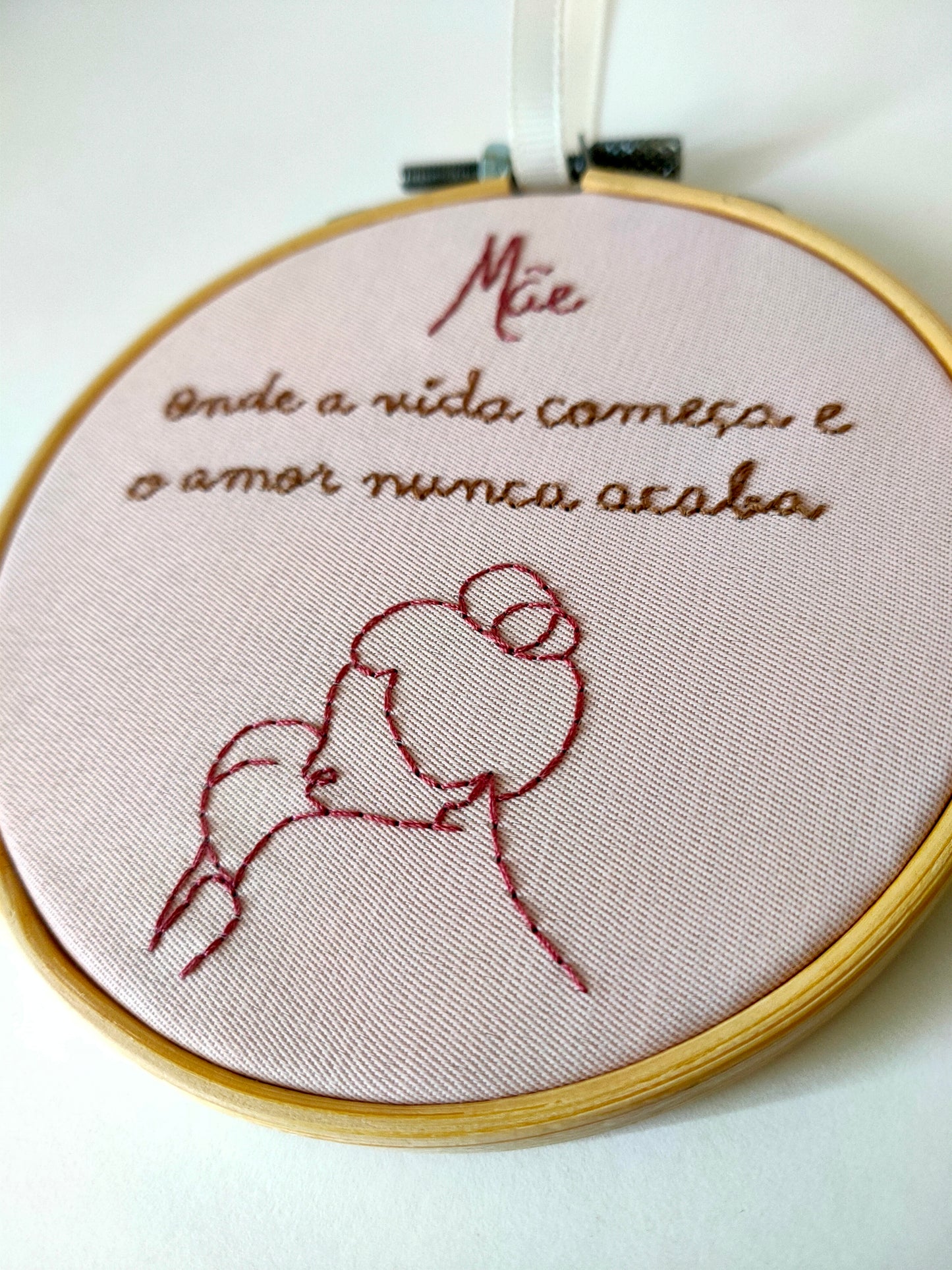 Bastidor Bordado "Mãe – Onde a Vida Começa e o Amor Nunca Acaba"